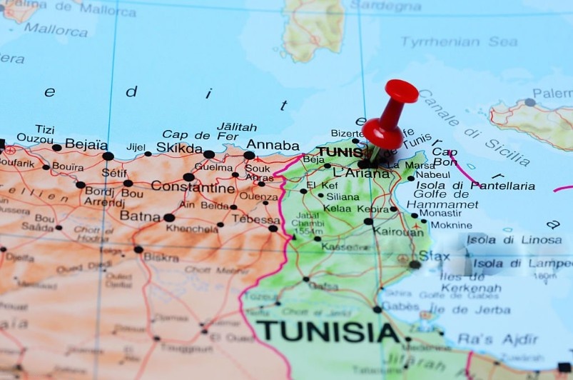 Mappa dettagliata della Tunisia con una puntina rossa che localizza la capitale Tunisi