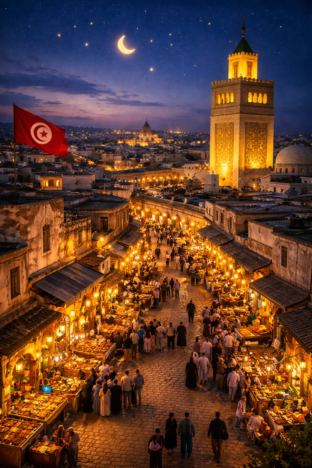 Vicoli della Medina di Tunisi animati all’ora dell’iftar durante il Ramadan con lanterne e bancarelle