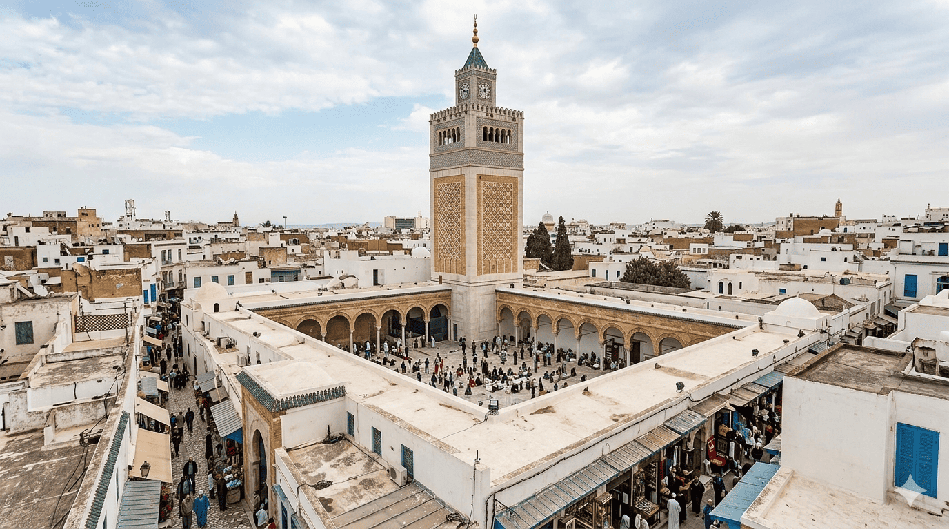 Minareto della moschea al-Zaytuna che domina il tessuto urbano della Medina di Tunisi