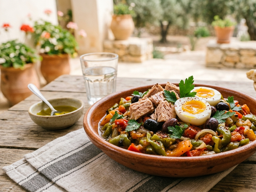 Insalata mechouia tunisina con verdure grigliate, tonno e uova sode