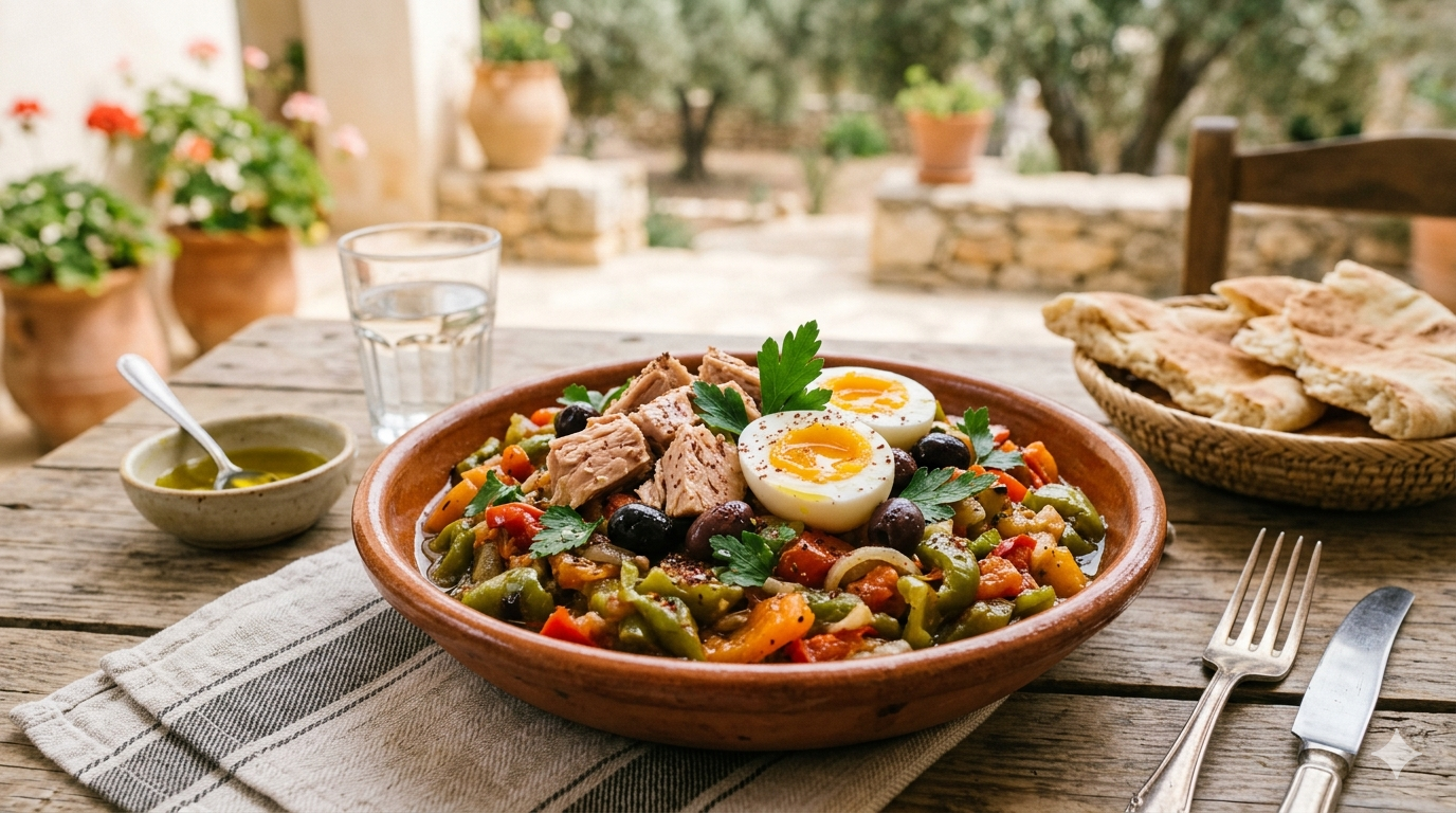 Insalata mechouia tunisina con verdure grigliate, tonno e uova sode