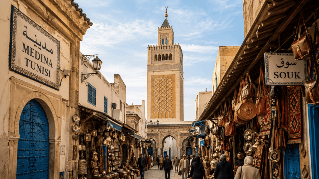 Veduta della Medina di Tunisi con minareto della Moschea Zitouna e souk storici — itinerario tunisi un giorno