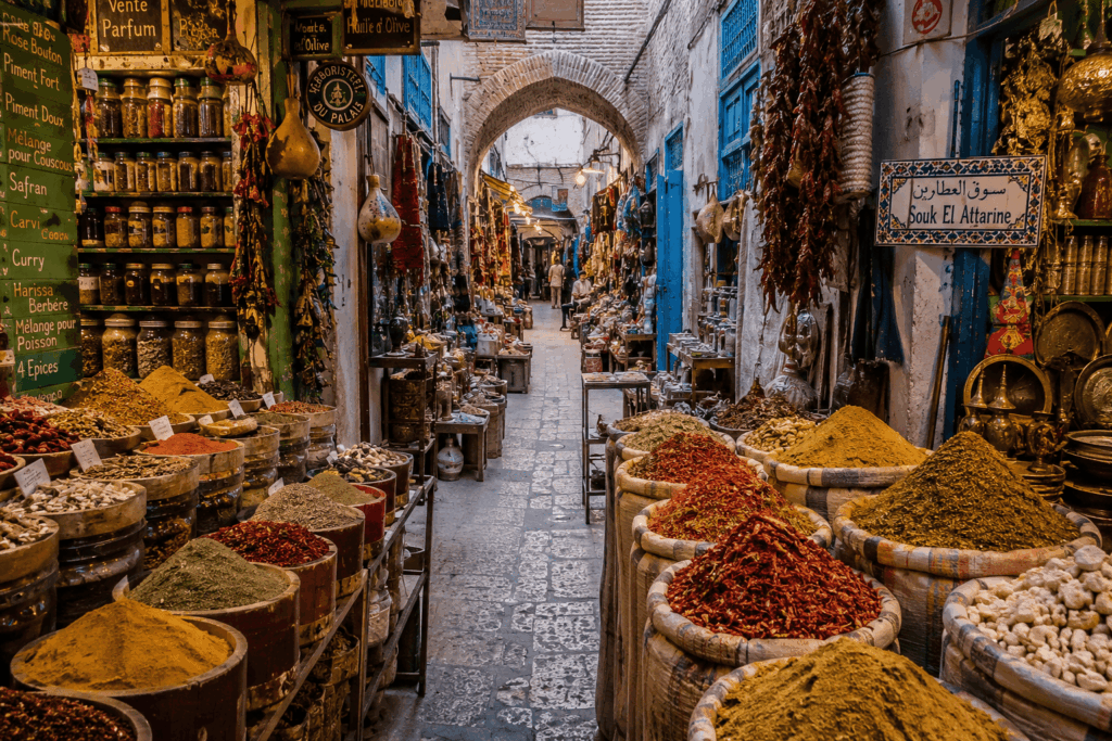 Souk el Attarine Medina Tunisi — bancarelle spezie e profumi nel souk storico