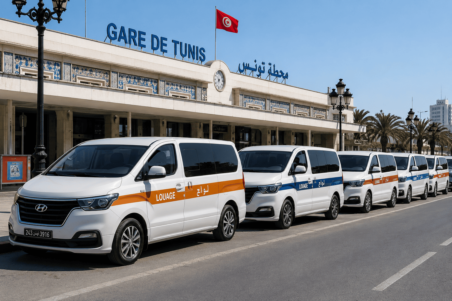 Minivan louage bianchi con fascia rossa in attesa di passeggeri in stazione Tunisia