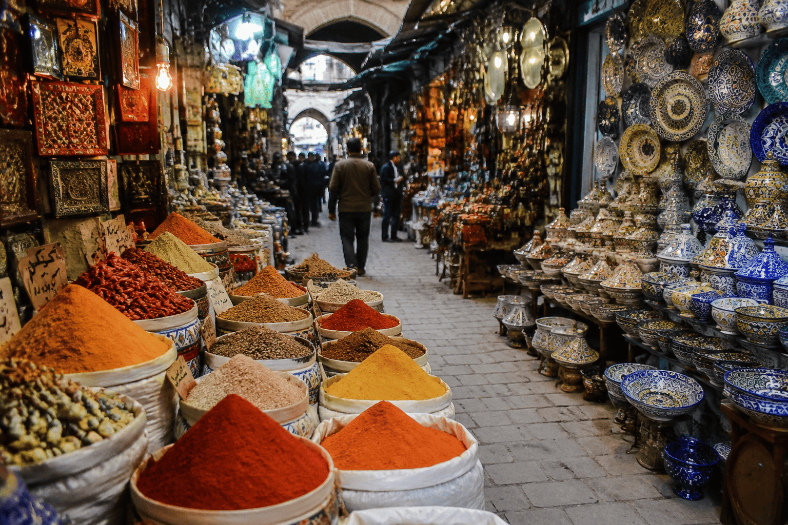 Souk della Medina di Tunisi con banchi di spezie e ceramiche