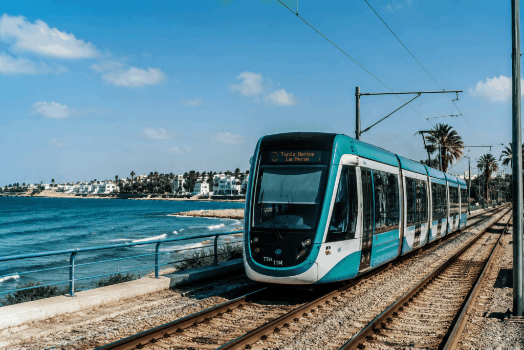 Treno leggero TGM tra Tunisi e La Marsa lungo la costa nord