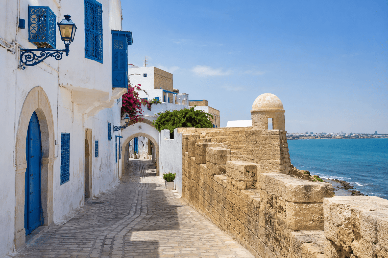 Vicoli della Medina di Hammamet con le mura fronte mare