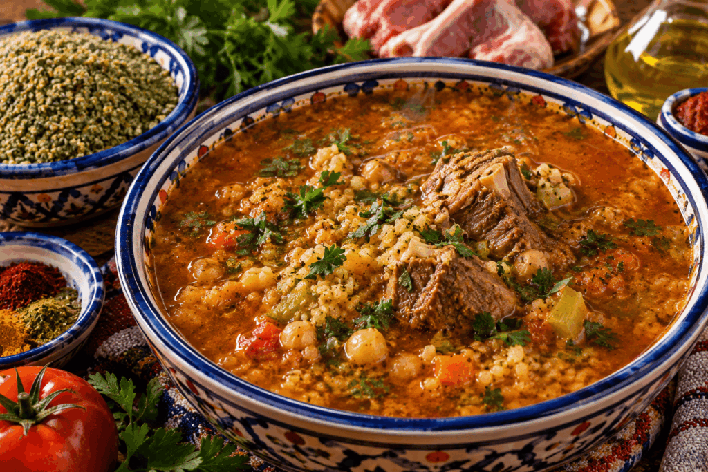 Chorba frik tunisina con grano verde spezzato e agnello
