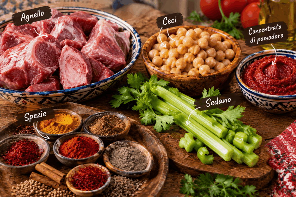 Ingredienti per la chorba tunisina: agnello, ceci, concentrato di pomodoro, sedano e spezie