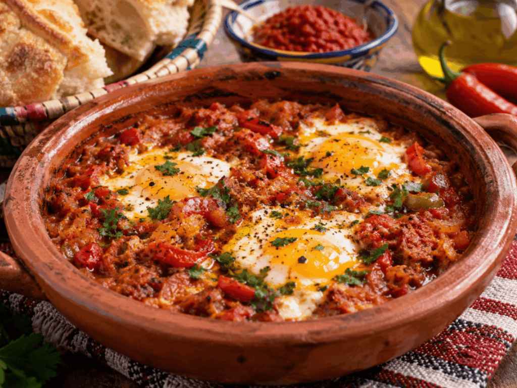 Ingredienti dell'ojja: pomodori, peperoni, harissa e merguez
