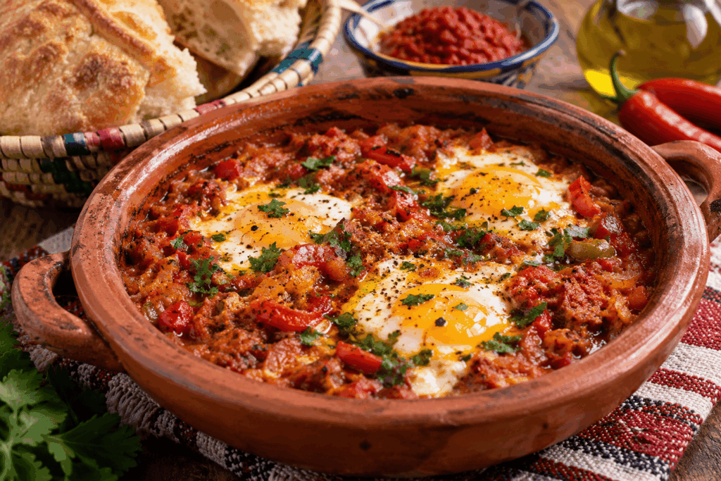 Ojja tunisina con merguez e uova cotte in padella