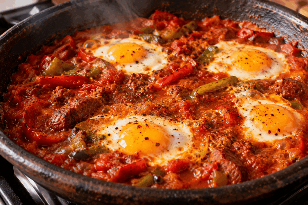 Uova che cuociono nel sugo di pomodoro durante la preparazione dell'ojja