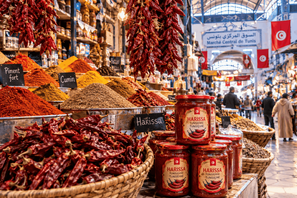 Bancarelle di spezie e harissa al Mercato Centrale di Tunisi