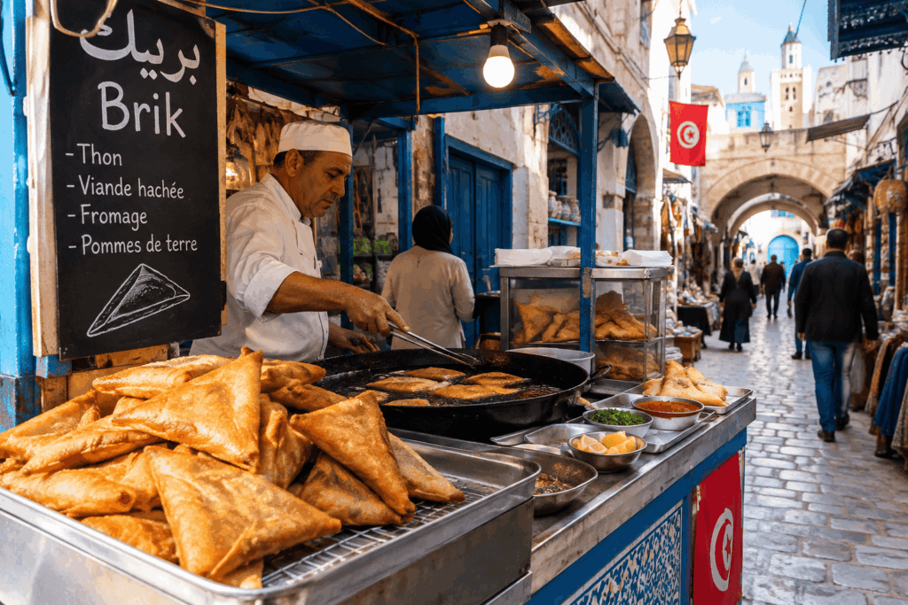 Banco di street food nella Medina di Tunisi con brik in vendita