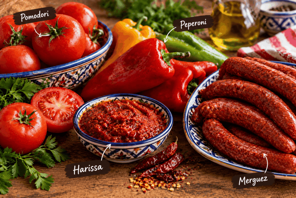 Ingredienti dell'ojja: pomodori, peperoni, harissa e merguez