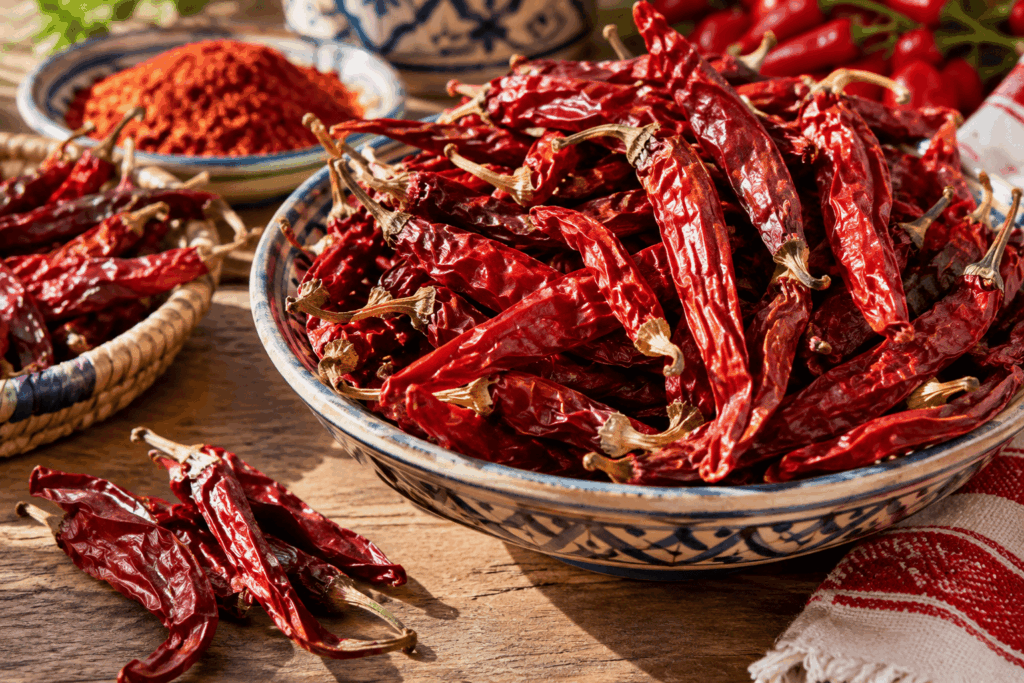Peperoncini rossi essiccati per la preparazione dell'harissa