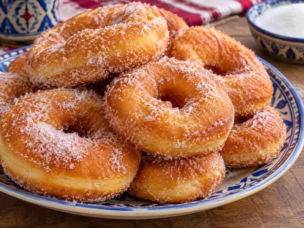 Bambalouni appena fritti cosparsi di zucchero, la ciambella fritta tunisina
