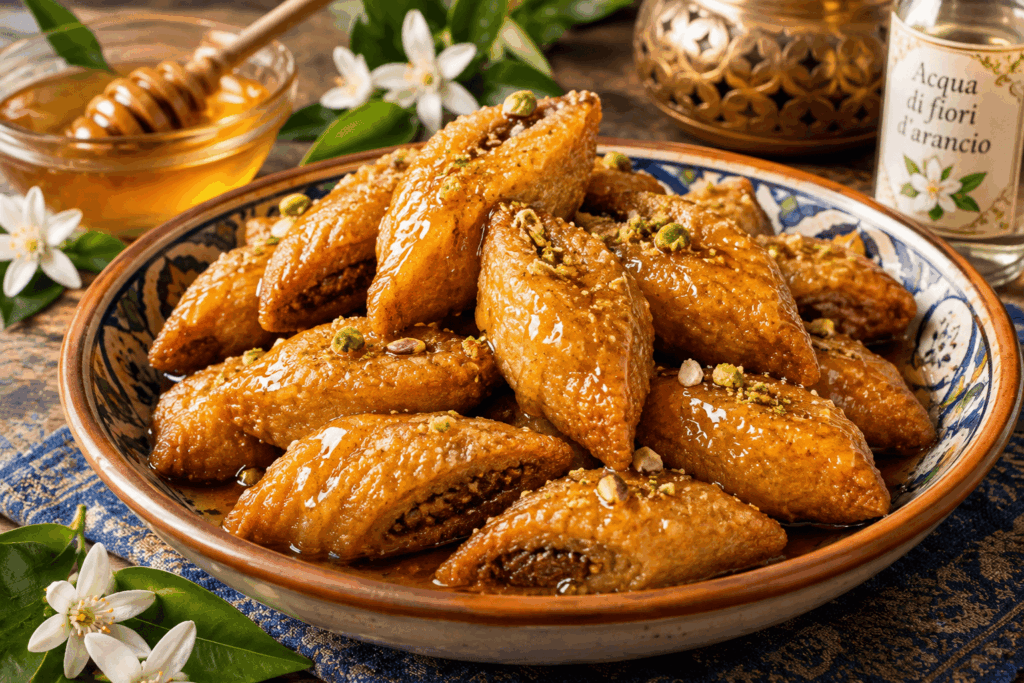 Makroud fritti immersi nel miele caldo profumato all'acqua di fiori d'arancio