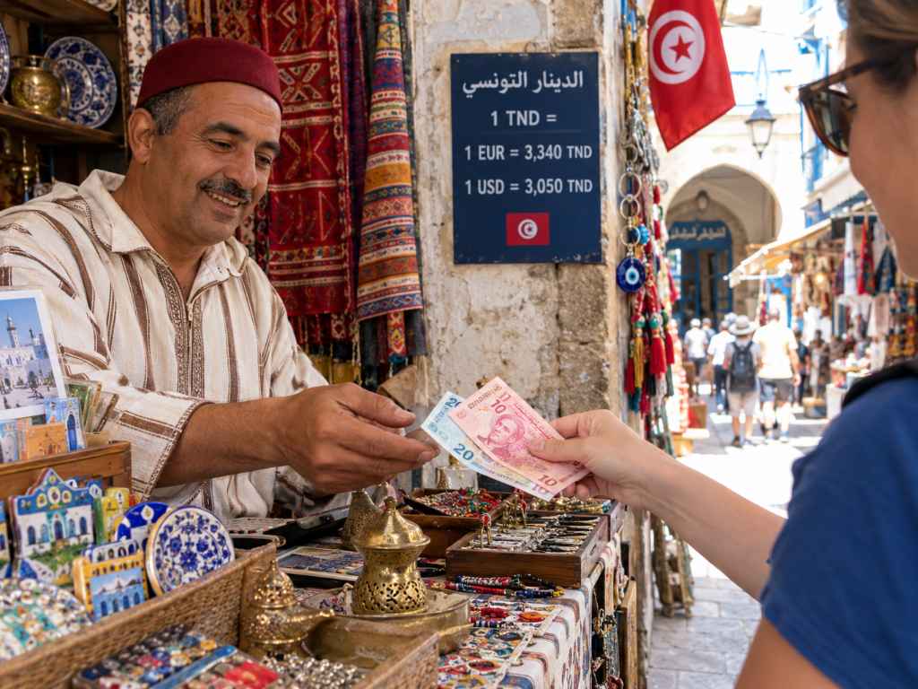 Pagamento in dinari tunisini in un banco del souk di Tunisi